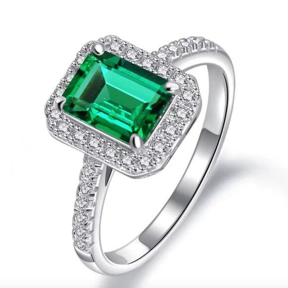 18k White Gold Emerald Green Diamond Ring Rectangle Emerald Cut Ring - Picture 5 of 5